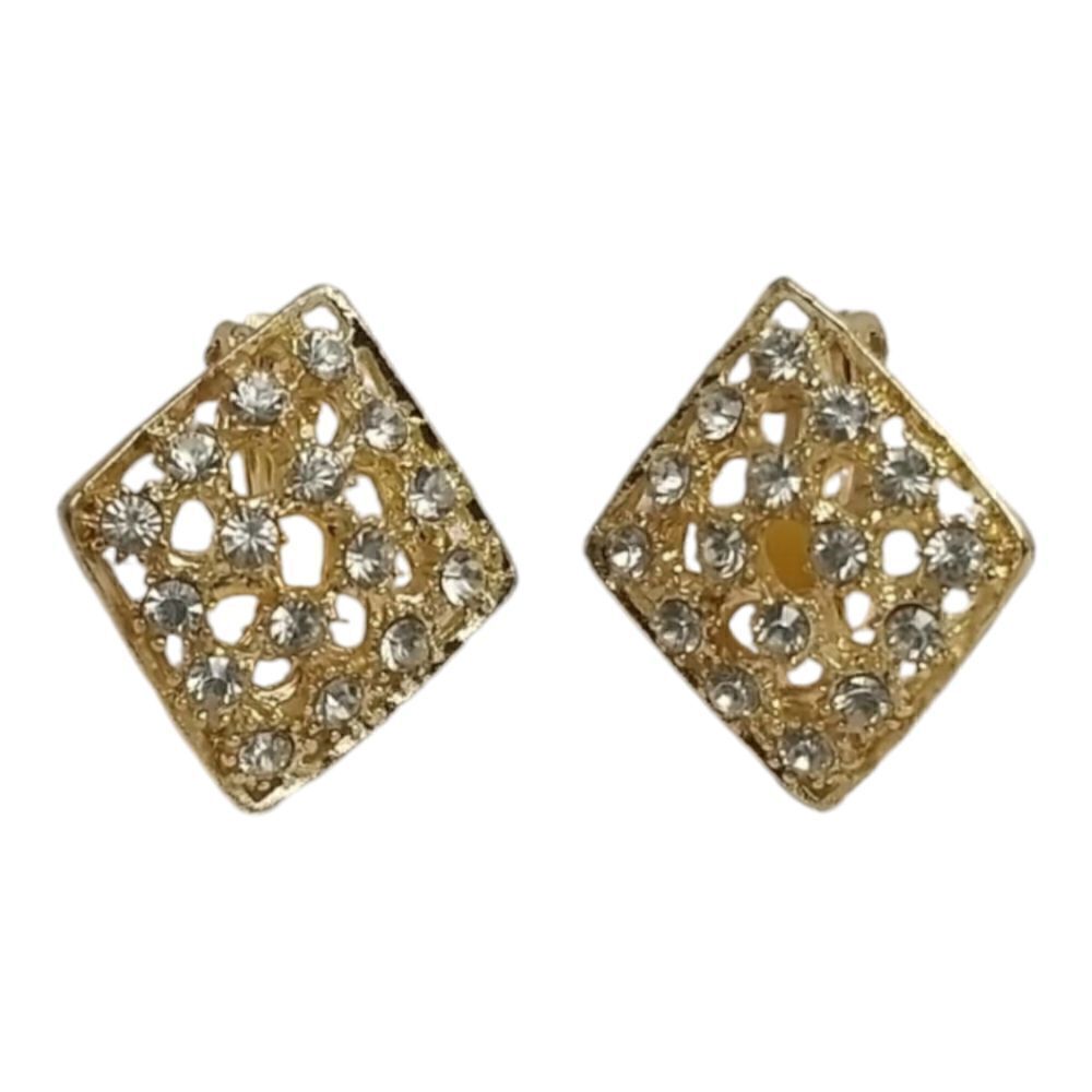 Crystal Diamond Shape Gold Tone Clip On Earrings